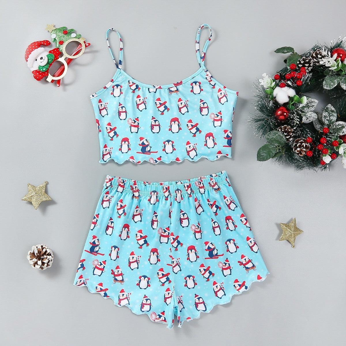 Christmas European And American Thin Pajamas Women's Sleeveless Shorts Milk Silk Simple