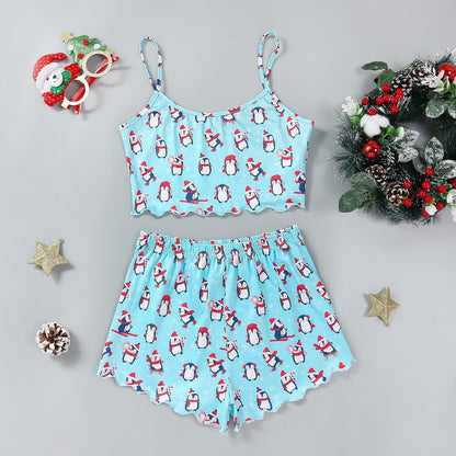 Christmas European And American Thin Pajamas Women's Sleeveless Shorts Milk Silk Simple