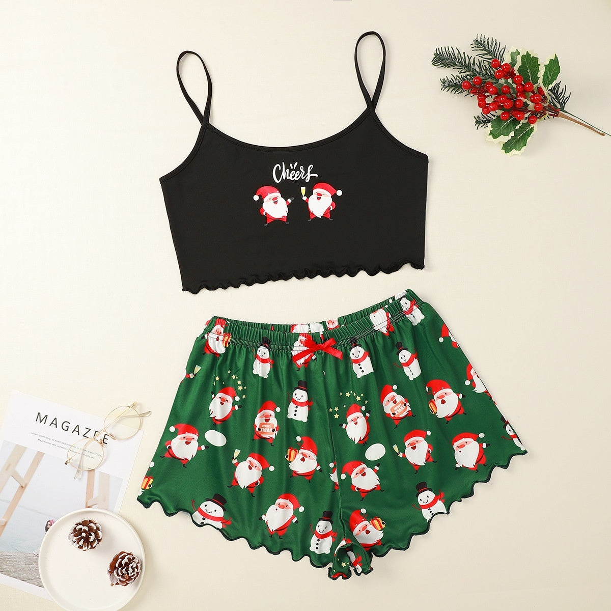 Christmas European And American Thin Pajamas Women's Sleeveless Shorts Milk Silk Simple