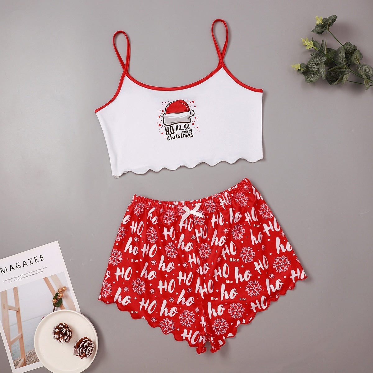 Christmas European And American Thin Pajamas Women's Sleeveless Shorts Milk Silk Simple