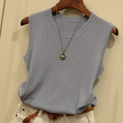 1pc New Summer Knitted Sweaters O-Neck Sleeveless Slim Casual Blouses