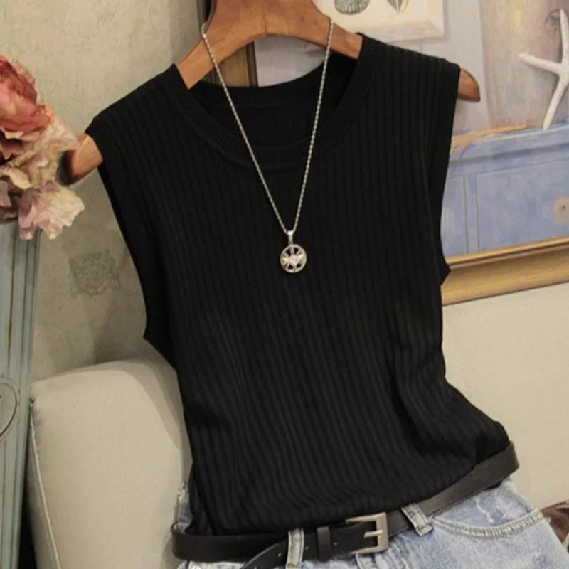 1pc New Summer Knitted Sweaters O-Neck Sleeveless Slim Casual Blouses