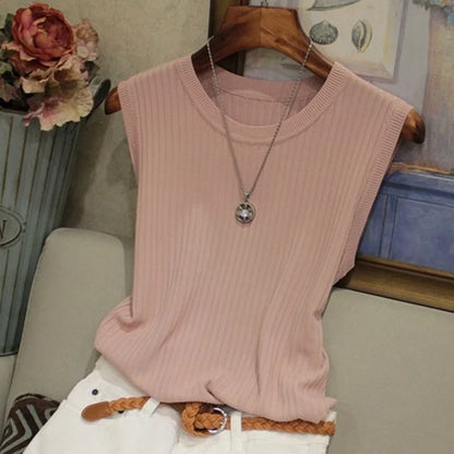 1pc New Summer Knitted Sweaters O-Neck Sleeveless Slim Casual Blouses