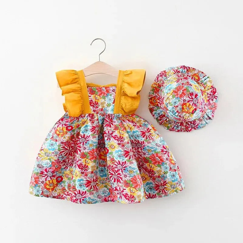 Newborn Baby Girls Sleeveless Princess Dress Floral Print Dress Comes with Hat Summer Outfits