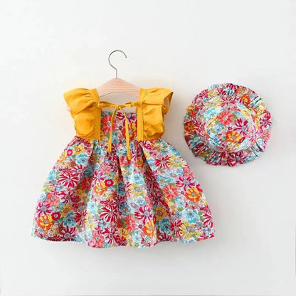 Newborn Baby Girls Sleeveless Princess Dress Floral Print Dress Comes with Hat Summer Outfits