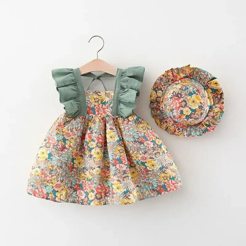 Newborn Baby Girls Sleeveless Princess Dress Floral Print Dress Comes with Hat Summer Outfits