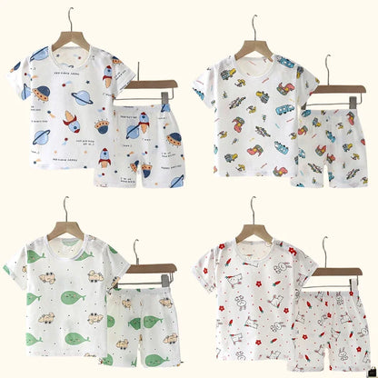 Summer Children's Clothing Short Sleeve Boys Girls Sleepwear T-shirt Cotton Shorts