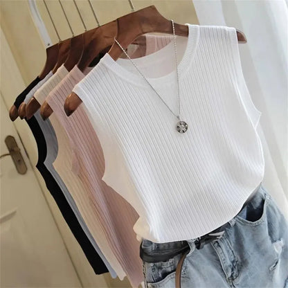 1pc New Summer Knitted Sweaters O-Neck Sleeveless Slim Casual Blouses