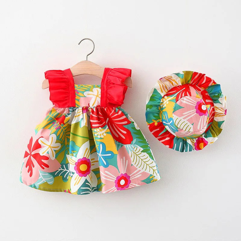 Newborn Baby Girls Sleeveless Princess Dress Floral Print Dress Comes with Hat Summer Outfits