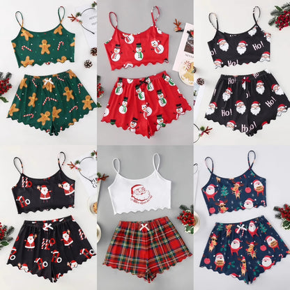 Christmas European And American Thin Pajamas Women's Sleeveless Shorts Milk Silk Simple